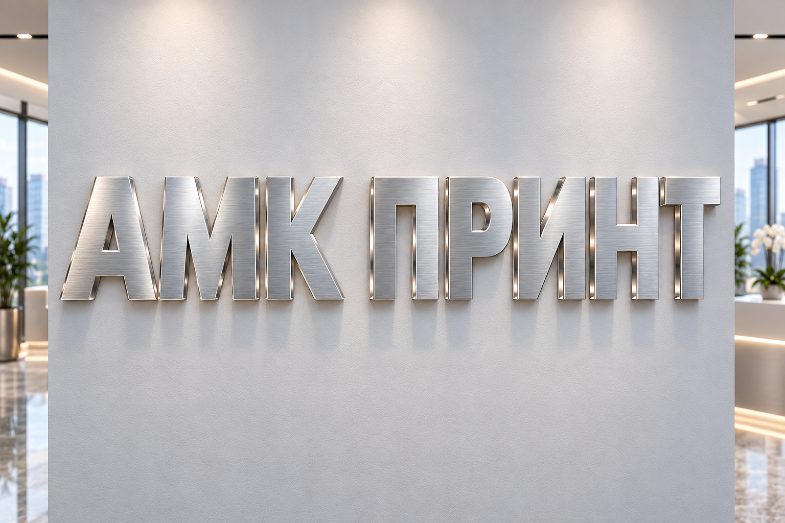 Объёмный металлический логотип АМК ПРИНТ, иллюстрация продукции
